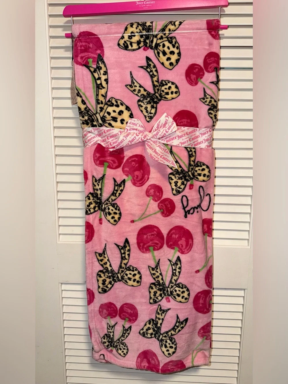 Juicy Couture Pink Cherry & Leopard Bow Plush Throw